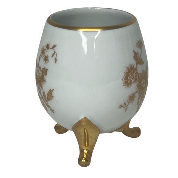 Limoges Egg Shape Vase France Porcelain 24 Kt Gold Rose 3 Footed Hand Painted - Picture 4 of 7